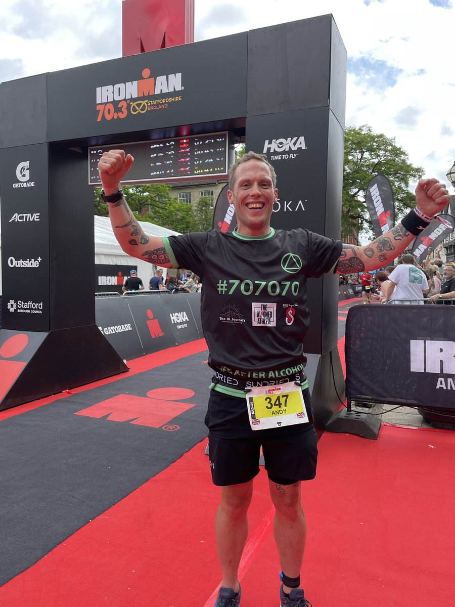 StaffordshireCC's tweet photo. And here he is - Andy Stone - across the line on his record challenge for 70 x 70 triathlons in 7 days, and supporting local and national charities .  Unbelievable he is still standing .  5 more to go. He gets his medal from Cllr Victoria Wilson @Victoria261272 https://t.co/lYlxjRIhXi