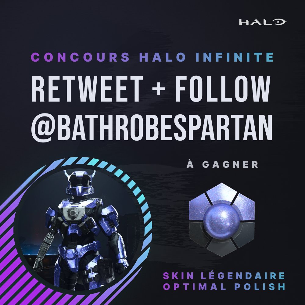 BathrobeCast's tweet photo. 🎁 Petit concours #Halo Infinite avant le #Xbox Showcase !

Pour participer:

♻️ RT ce tweet
👀 Suivre @BathrobeSpartan
❤️ Liker &amp; mentionner un ami pour avoir une chance supplémentaire de gagner !

💫 Le Skin Légendaire "Optimal Polish" à remporter !

Résultat dans la soirée 🤗 https://t.co/z7v43O38dV