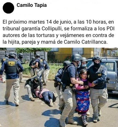 Si andan cerca y se pueden hacer un tiempo, acérquense a apañar, siempre veo a lamnguen solos, reunidos fuera de las cárceles y juzgados luchando por sus PPM, aún cuando en muchos de los sabotajes se reivindica a PPM y DE LA REVUELTA!!
#WALLMAPULIBRE🔥🚓🔥
#CamiloCatrillanca