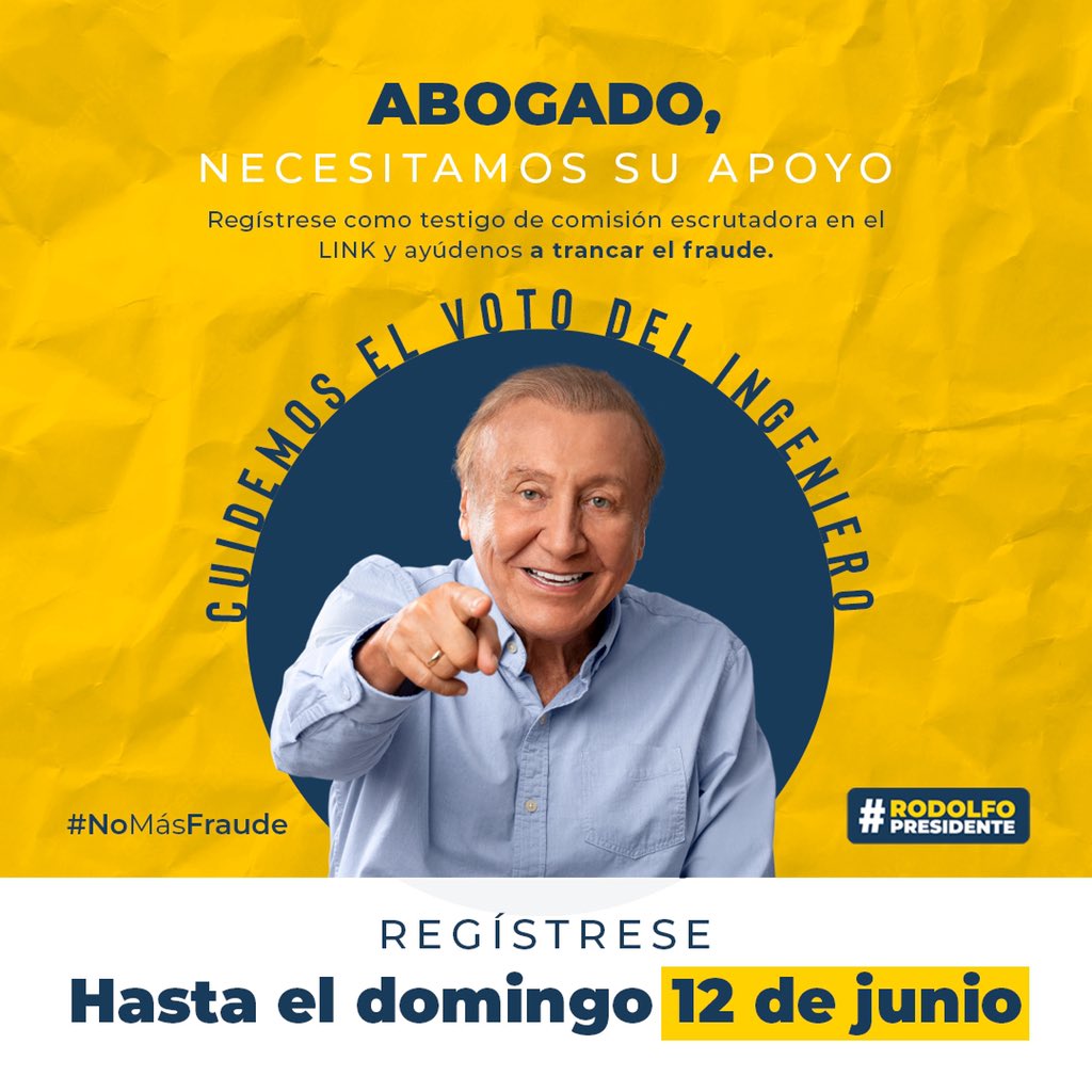 ingrodolfohdez's tweet photo. Abogados ingresen a este link https://t.co/6znNDFqi9t  👀🔎  escojan su perfil e inscríbanse como testigo de comisión escrutadora, ayudándome a que nos nos roben ni un solo voto este 19 de junio 🗳🇨🇴💪🏻

#RodolfoHernandez #RodolfoPresidente #LigaAnticorrupcion #Elecciones2022 https://t.co/v2KFWUF3Qc