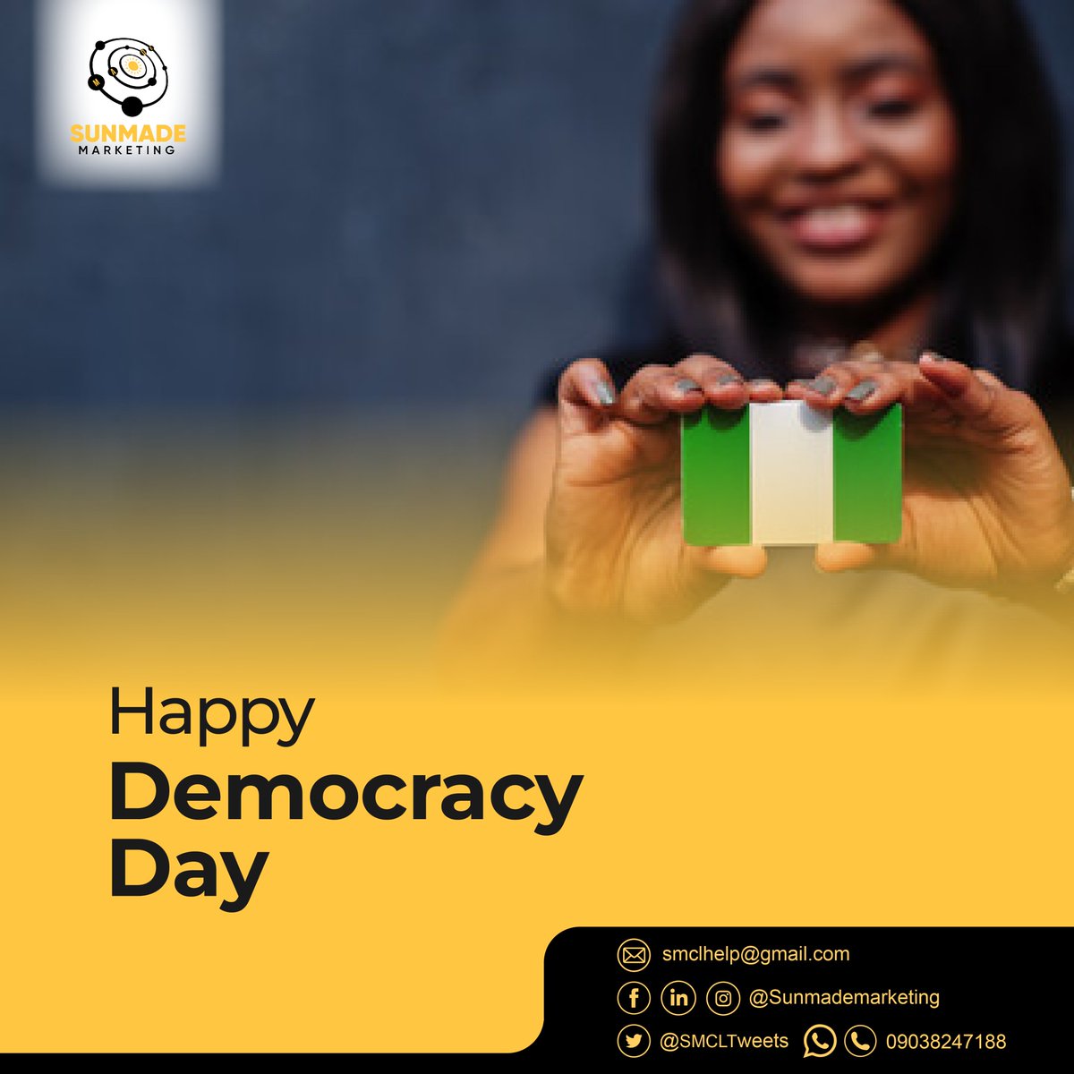 SMCLTweets's tweet photo. “The price of democracy is the ongoing pursuit of the common good by all of the people.” – Saul Alinsky.

𝗛𝗮𝗽𝗽𝘆 𝗗𝗲𝗺𝗼𝗰𝗿𝗮𝗰𝘆 𝗗𝗮𝘆!!! from all of us at Sunmade Marketing. https://t.co/pVa10mJFhC