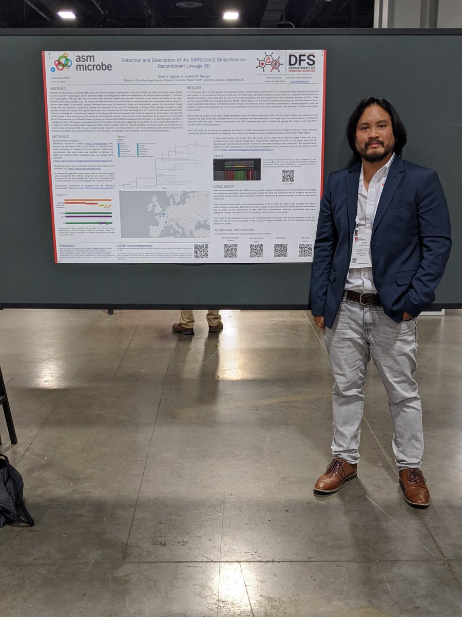 I have a little poster up on the Delta-Omicron recombinant XD at #ASMicrobe. Big thanks to @PeacockFlu for the use of his figure, shout out to the SC2 variant hunter community, read up on @SimonLoriereLab's preprint, and @LenaSchimmel's sc2rf recombinant detection tool!