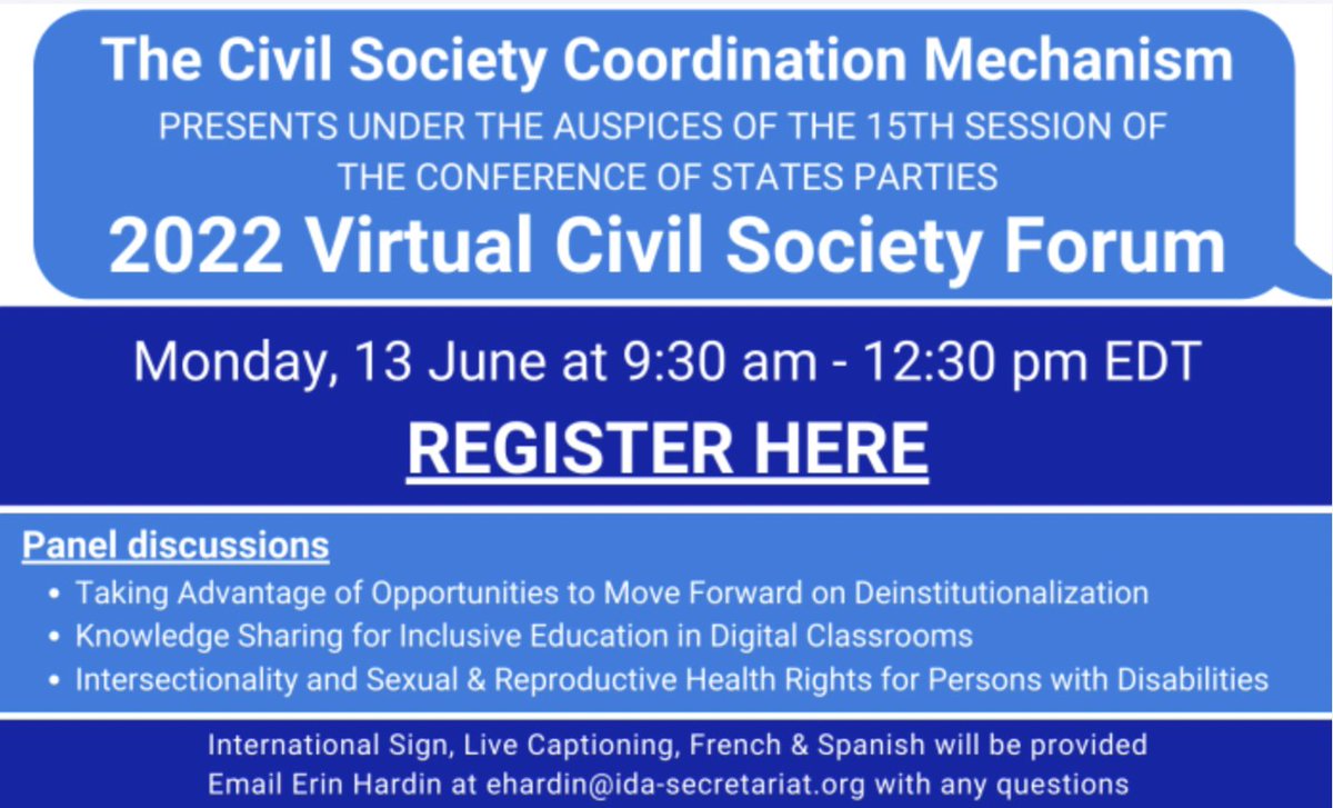 📢 Today is the start of the Civil Society Forum #CSF2022 under the auspices of #COSP15. 
Register 👉 bit.ly/3zyMYlF and join us for lively discussions on deinstitutionalization, education in digital classrooms and so much more!!
