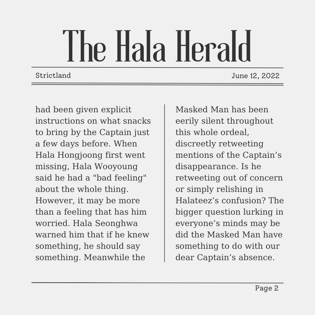 Ha1aReporter's tweet photo. [📰] Sunday: 06.12.22

THE CAPTAIN IS MISSING!?!?!?!!?!!

#HalaHerald #HalaUpdate #Halateez #ATEEZ #에이티즈 https://t.co/JFL1fOxRcA