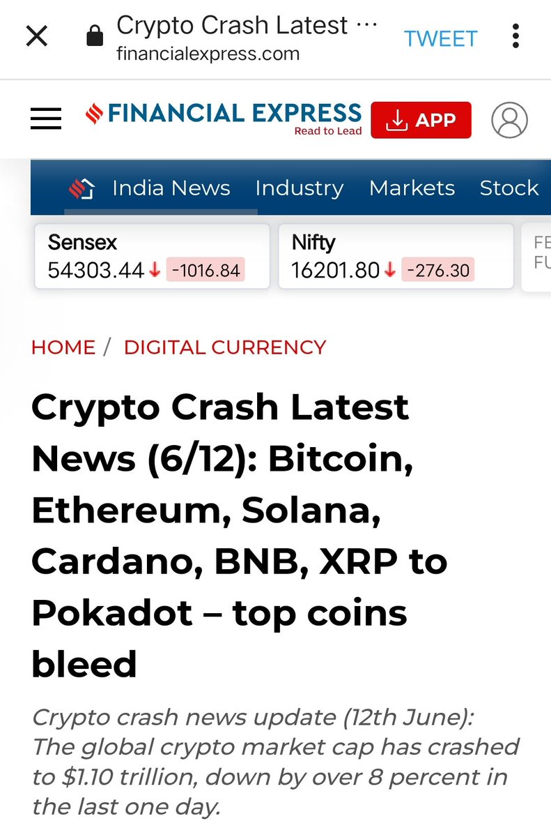 Brilliant_Note's tweet photo. Crypto Crash Latest News (6/12): Cryptocurrency market cap crashes to $1.1 trillion; top coins bleed - The Financial Express https://t.co/bevLOwIfNn
#Cryptocrash #CryptoMarket #crytpobull https://t.co/eCwbhvU3Ea