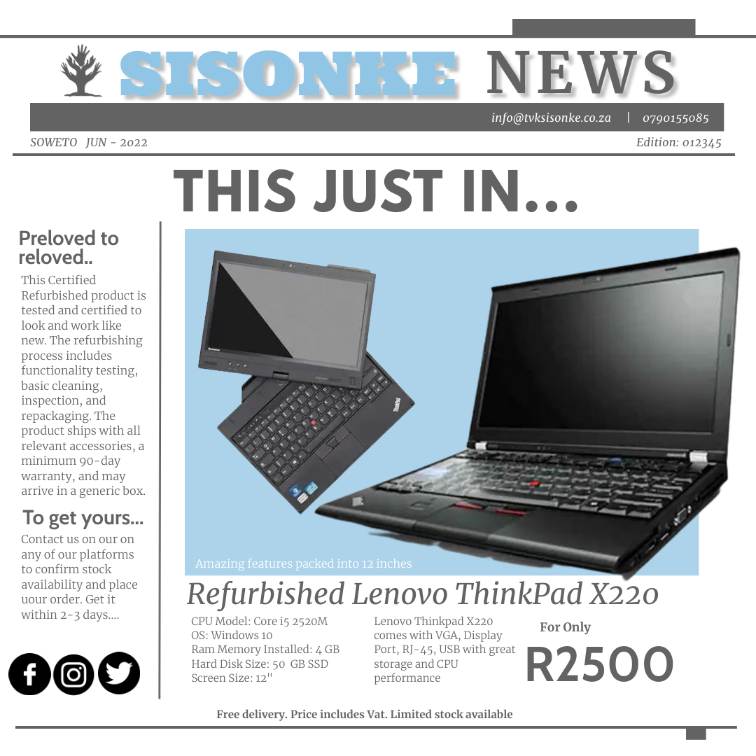 TVKSisonke's tweet photo. Contact us place your order. 
0745733558/0790155085
info@tvksisonke.co.za

#RefurbishedLaptop #LenovoThinkpad #ThinkpadX220 #NationwideDelivery #Sisonke https://t.co/cGHwksuffF
