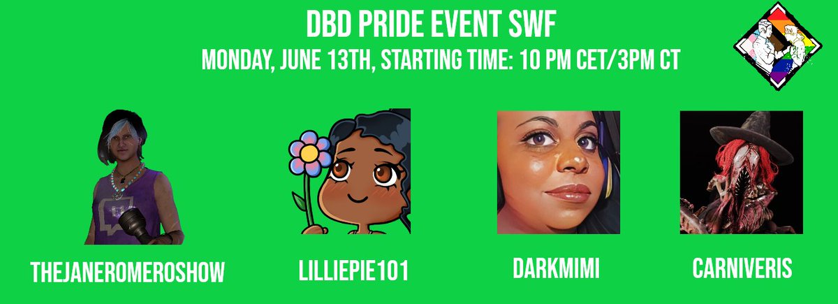 ViragoUltrix's tweet photo. I'm really happy to announce that tomorrow, starting 3 PM CT/10 PM EU Time, I'll play with three amazing women: @Lillipie101 , @DarkMimiTV and @carniveris. It will be a really fun SWF and I bet we'll enjoy this time all together in @DeadByBHVR! ❤️

#DbDPride #DeadByDaylight #DbD https://t.co/AKsvYcXpuE