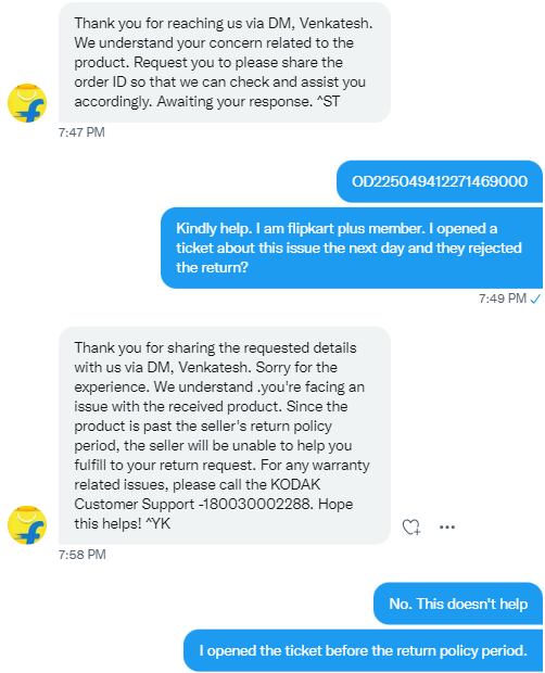 prasvenkat25's tweet photo. @flipkartsupport @Flipkart 
Just a standard Reply. I opened the ticket before the seller's return policy. I opened the ticket within in 1 day of my delivery. This is ridiculous. https://t.co/JqO0Nbjytn