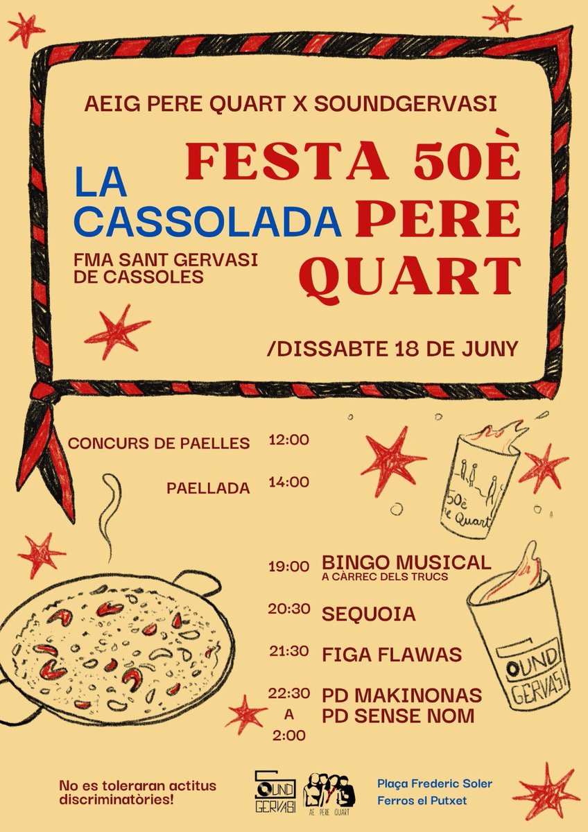 SoundGervasi's tweet photo. 💥ACTUALITZEM CARTELL!

🌱Dissabte 18 ens trobem a Plaça Frederic Soler per celebrar el 50è aniversari de @aeigperequart ‼️

✨Hi haurà concurs de paelles, paellada, bingo musical, concerts i PD’s. No us ho podeu perdre!

🔥Ens veiem a partir de les 12h🔥 https://t.co/ujYJpKq8vg