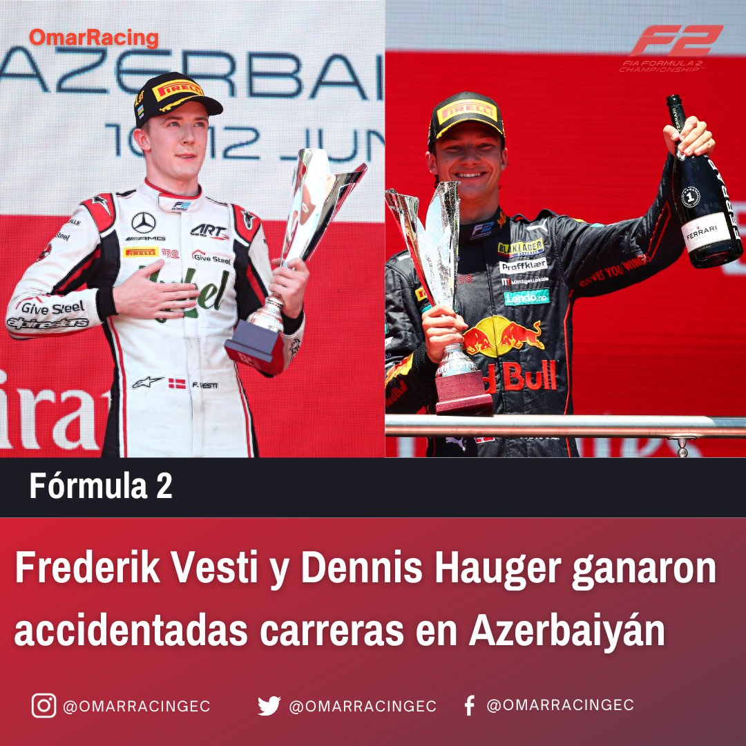 RaulRamirezO26's tweet photo. El año pasado, Frederik Vesti y Dennis Hauger competían por primera vez en Fórmula 3. Hoy, los dos pilotos ganaron carreras en la F2 después de sortear todos los incidentes de sus rivales en el Baku City Circuit de Azerbaiyán.
#omarracing #f2 #formula2 #RoadToF1 https://t.co/dpVctEVd85