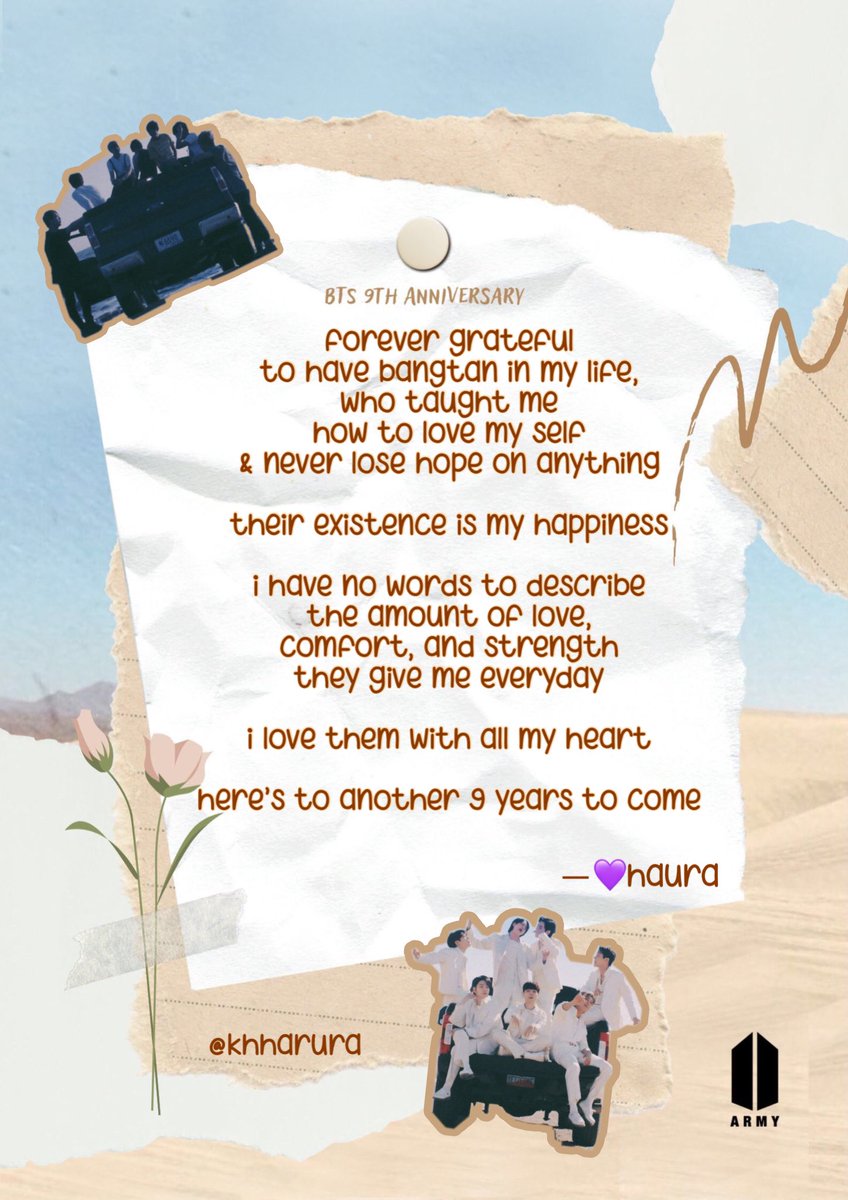 khharura's tweet photo. 9 years journey with blood, sweat and tears, 9 years of happiness, 9 years with our precious seven angels and many more to come. 

happy 9th anniversary @BTS_twt 💜
#9YearsWithBTS
#BTSBestFriendsOfMyLife
#TheBestHasYetToCome https://t.co/AM4KPoOIt1