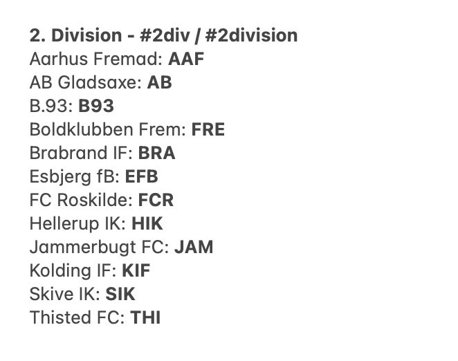 termansen's tweet image. Forkortelserne for klubberne i #sldk, #1div, #2div og #3div i 2022/2023 fra Divisionsforeningen er nu klar.
 
Kære alle, brug dem nu, så der ikke opstår tvivl om hashtags for kampe i DK - det er ikke så svært 😉 
 
Forkortelserne bliver også brugt på 
@Sofabold når vi tweeter.