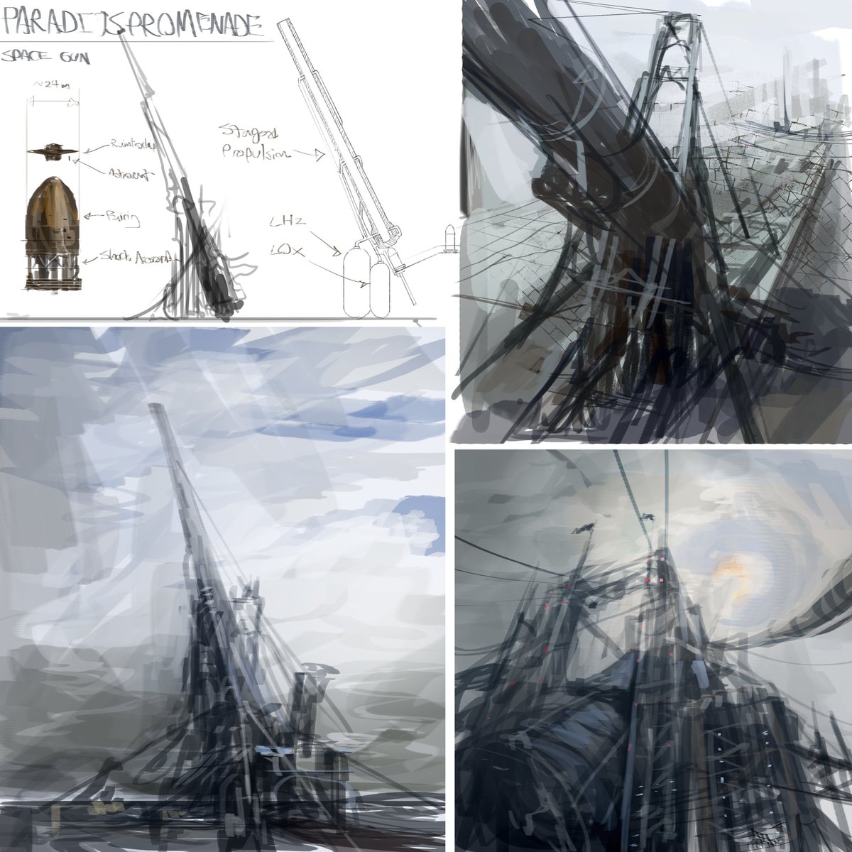 Sketches of Paradijspromenade, which is now a space gun instead of a space elevator (because of course the Endrish would build a space gun instead of a space elevator). 