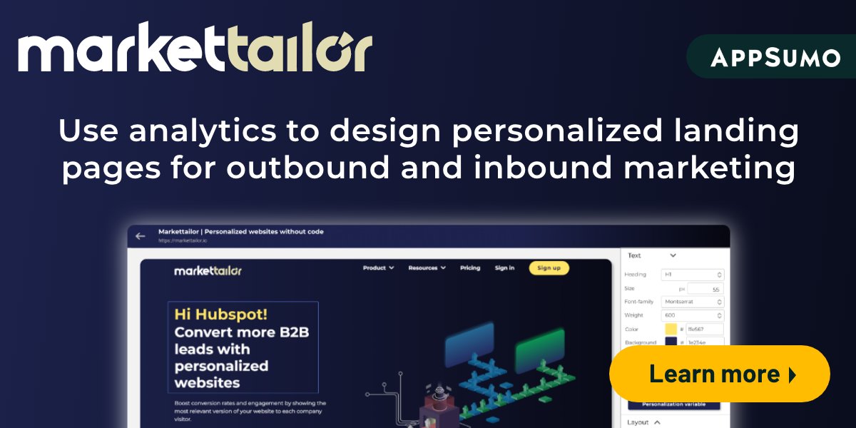 💥Markettailor helps you create data-driven landing pages for B2B leads with audience segmentation, conversion tracking, and A/B testing.

👉Check this out: appsumo.8odi.net/MARKETTAILOR

#digitalmarketingtips #digitalmarketingagency #landingpage #leadgeneration
