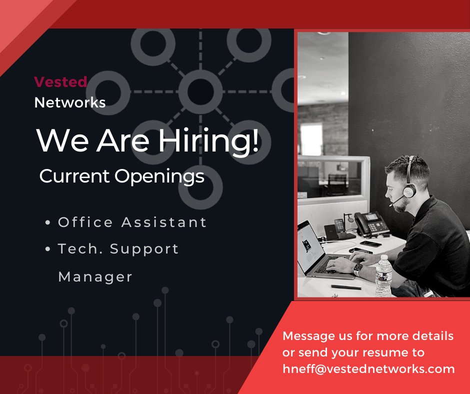 VestedN's tweet image. Work shouldn&apos;t be something you dread. At Vested Networks we believe that keeping a positive, fun, and productive environment is important. If you like working in a place where laughter is encouraged and &quot;teamwork is dreamwork&quot;, apply today for one of our open positions!