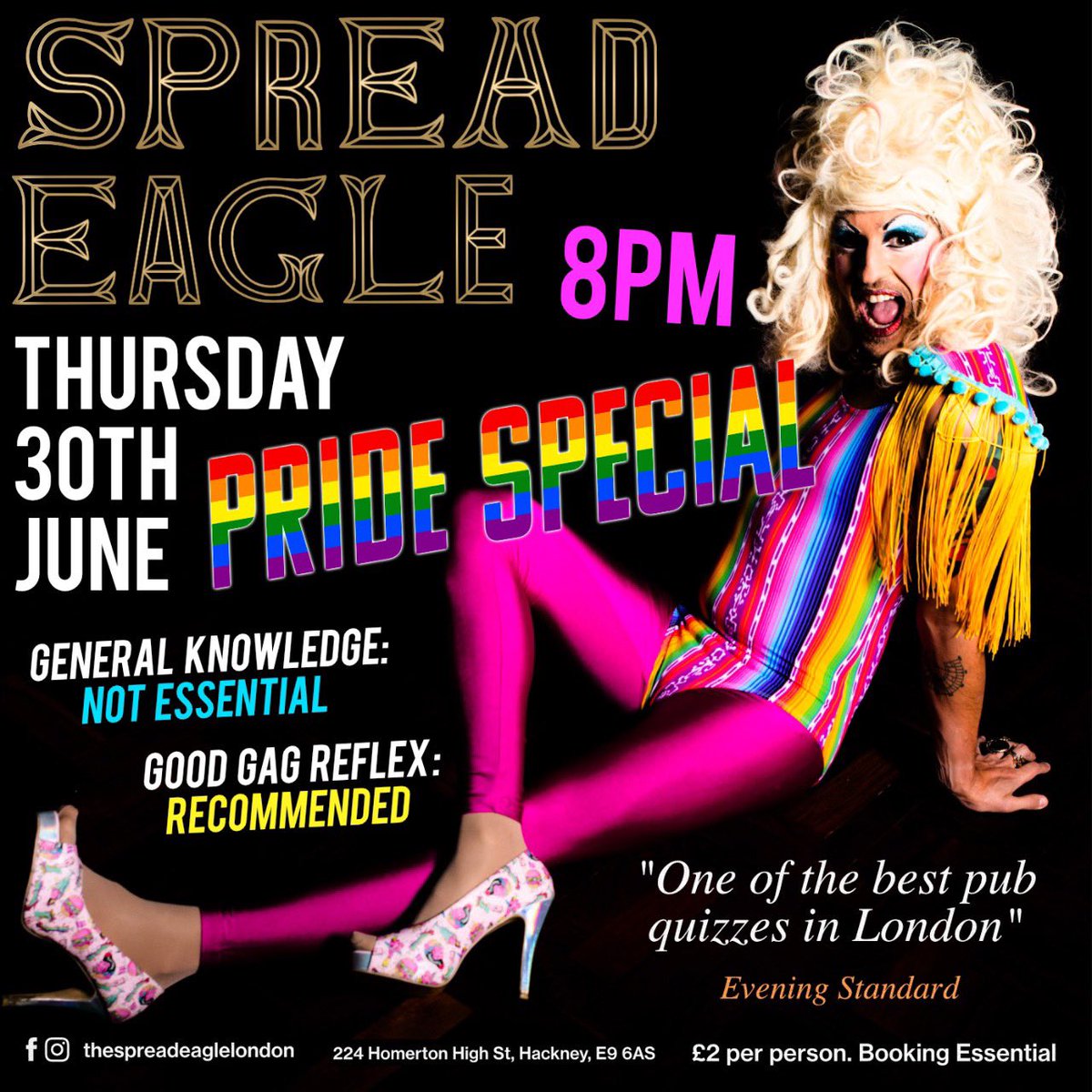 Who is ready for a Pride Special of our infamous drag quiz?! 🌈💃🏼🎉
Come join the fabulous Penny Tration for a fully immersive experience that always brings out some raucous &amp; eye-popping behaviour 😝
Email to book your team:
hello@thespreadeaglelondon.co.uk

#pubquiz #dragquiz