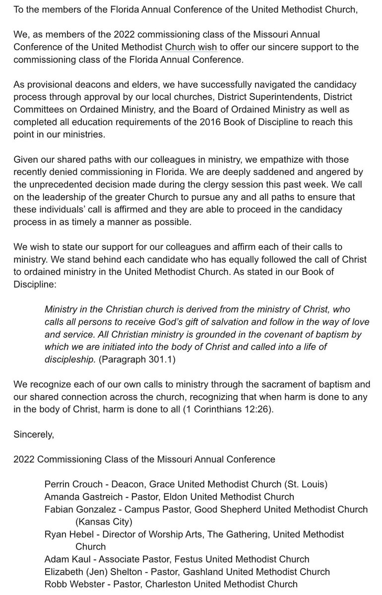Lgastreich's tweet photo. Statement from the 2022 Commissioning Class of the Missouri Annual Conference shared in this afternoon’s session. #moac22 #FLUMC22 https://t.co/PqKuvamjdJ