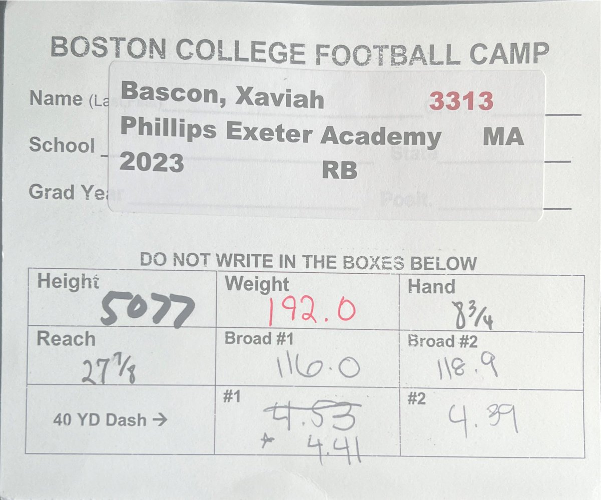 Xaviah Bascon (@xbascon) on Twitter photo Had a great camp today at Boston College! Ran a 4.39, 40 yard dash. Thank you <a href="/BCFootball/">Boston College Football</a> <a href="/CoachSHuggins/">Savon Huggins</a> <a href="/CoachV1781/">Coach Voulgaris</a> Had a great camp today at Boston College! Ran a 4.39, 40 yard dash. Thank you <a href="/BCFootball/">Boston College Football</a> <a href="/CoachSHuggins/">Savon Huggins</a> <a href="/CoachV1781/">Coach Voulgaris</a>