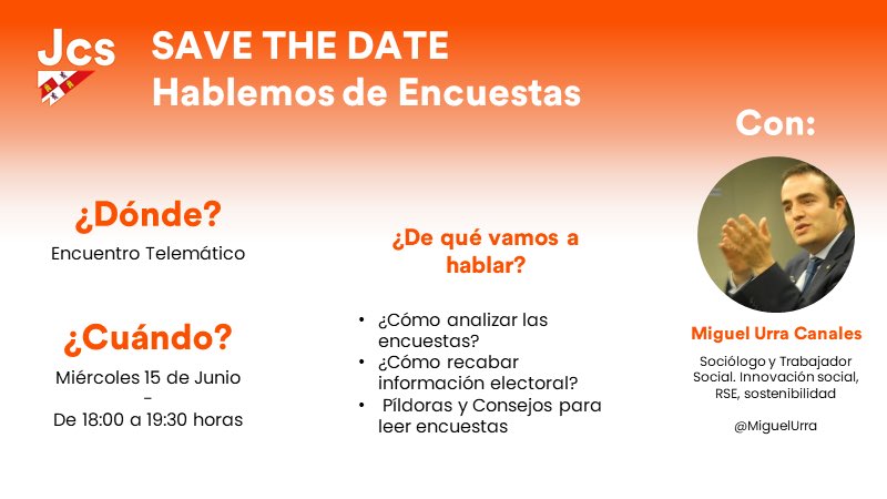 Este miércoles día 15 tenemos algo muy especial para compartir contigo. Nuestro compañero <a href="/MiguelUrra/">Miguel Urra Canales</a> estará con nosotros en un encuentro telemático para hablarnos sobre #demoscopia 

¿Contamos contigo?