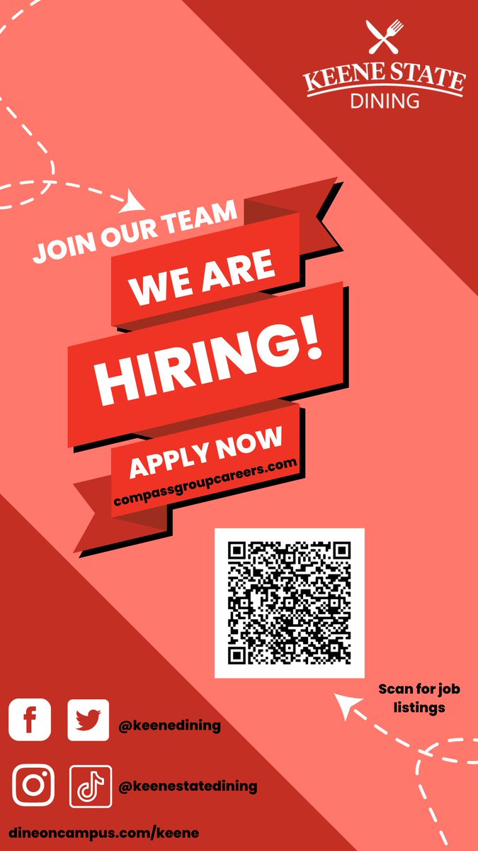 KeeneDining's tweet photo. KSC Dining is hiring for Fall 2022! Scan the QR code to check out the open positions and apply. #keenestatedining https://t.co/0QPSpXvVKE