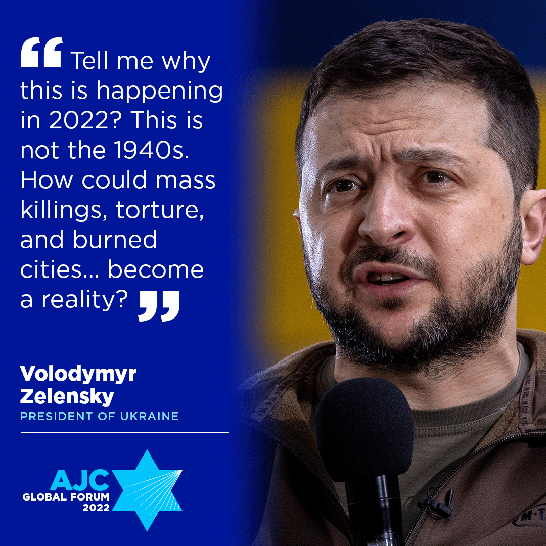Powerful and moving address by Ukrainian President <a href="/ZelenskyyUa/">Volodymyr Zelenskyy / Володимир Зеленський</a> at #AJCGloFo right now.

We continue to proudly #StandWithUkraine️. 🇺🇦