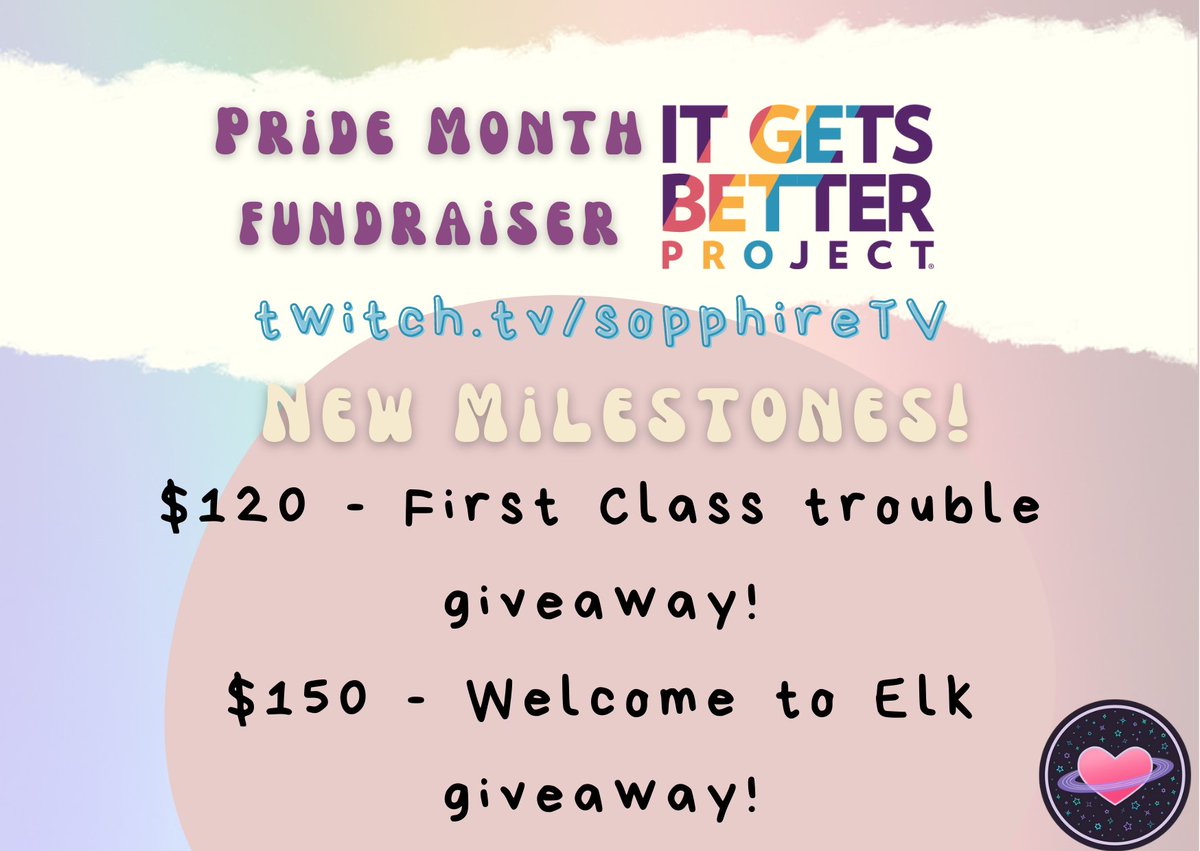 sopphireTV's tweet photo. IT'S HAPPENING!
First official charity stream for @ItGetsBetter , and we have some new milestones!
a First Class Trouble giveaway (@vs_evil)
and a Welcome to Elk giveaway (@TripleTopping/ @KowloonNights)
If u want to donate, u can do it here: https://t.co/PeYMy0fTnM
#IGBPride https://t.co/gpv4R0PtQE
