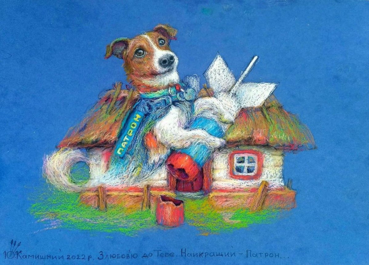 Zhytomyr artist Yuri Kamyshny painted a picture in which the dog Patron protects the Ukrainian house from Russian bombs. This drawing will be printed on postcards, and the funds from charitable contributions will be transferred to the needs of the Zhytomyr sapper unit. 

#Patron