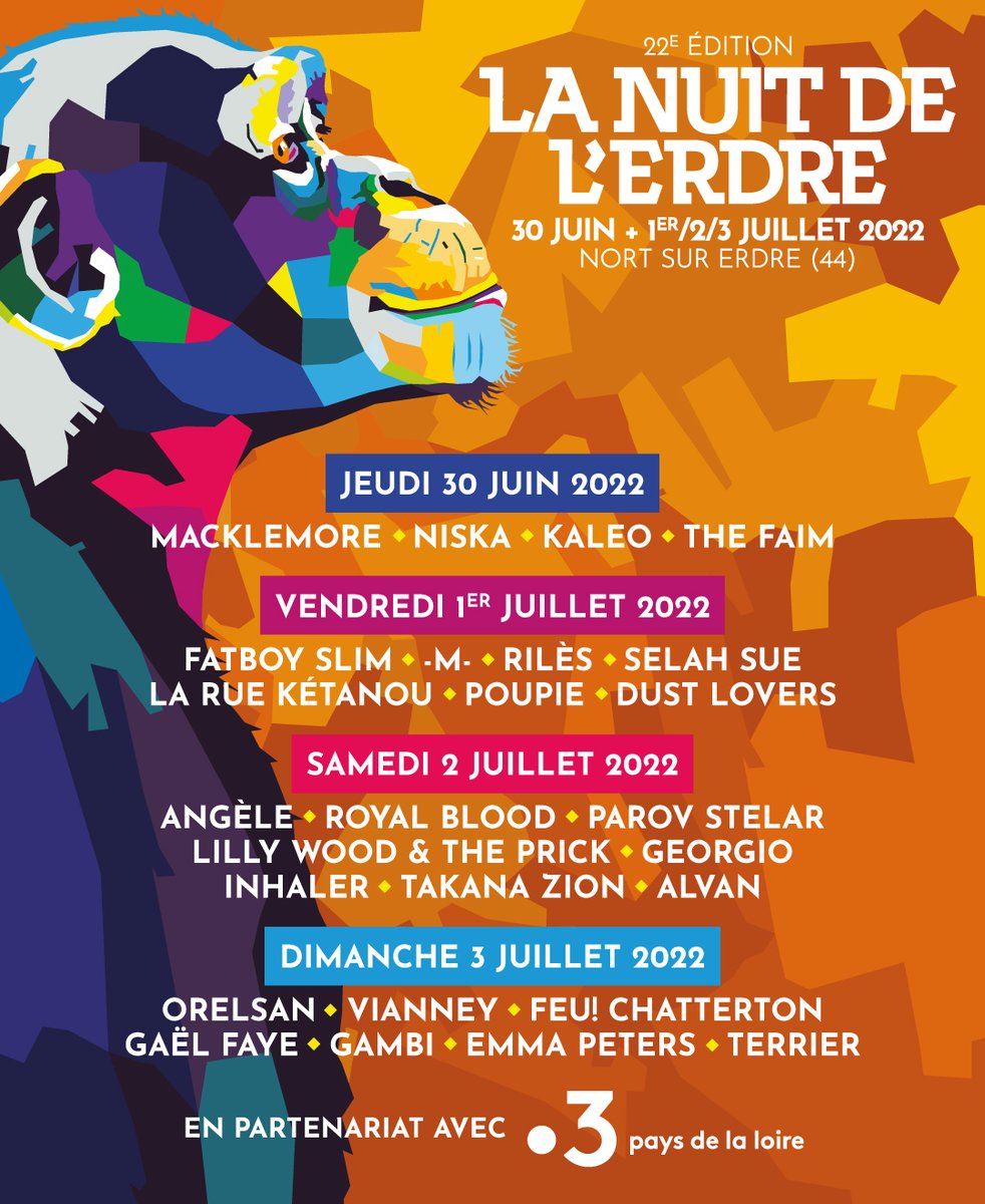 F3PaysdelaLoire's tweet photo. Macklemore, Angèle, Niska, M, Selah Sue ou encore Orelsan : ils seront tous sur la scène du @LaNuitdelErdre du 30 juin au 3 juillet 2022 🎶

🎁Tentez de gagner votre place en jouant sur le club France tv &amp; Vous ► https://t.co/qoMdgedZFI https://t.co/HQvw266n8x