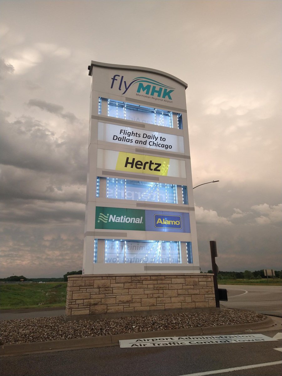 The pylon sign was damaged in the storm last night.  Evergy is working to restore power to the terminal.  Flights are still operating but please check with the airline for any delays or cancellations.  aa.com.