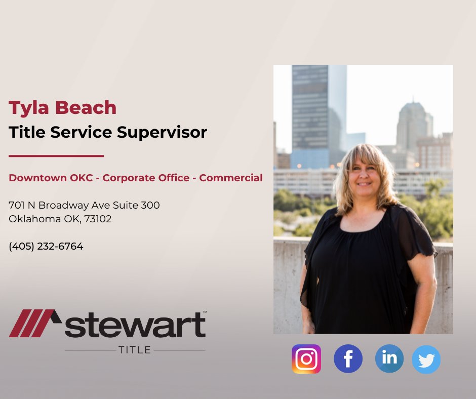 Sunday Morning Highlight. Meet Stewart of Oklahoma Title Service Supervisor &amp; Leadership Team Member, Tyla Beach. Tyla oversees National Commercial transactions uniting Oklahoma with many states while managing the policy department for both residential &amp; commercial transactions.