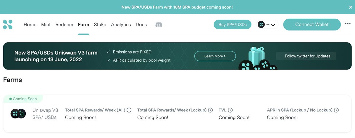 SperaxUSD's tweet photo. 1/
1️⃣ day before @SperaxUSD yield farm goes live on @Arbitrum!

$SPA / $USDs pool reopens with 18M $SPA (66,666 a day) on Monday, June 13.

Get $SPA and $USDs today to prep for tomorrow. Deposit early for higher APR! 

- Early = Higher APR📈
- 1st hybrid farm
- Optional Lockup https://t.co/Tl7PiikStk
