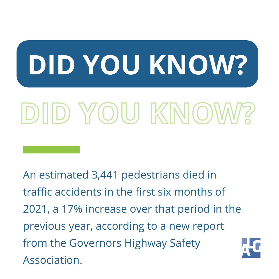 Did you know that around 3,441 pedestrians died in traffic accidents in just the first half of 2021?

Stay alert, and stay safe!

If you ever find yourself in an accident, call 602-262-4254 or visit accidentlawgroup.com ⚡