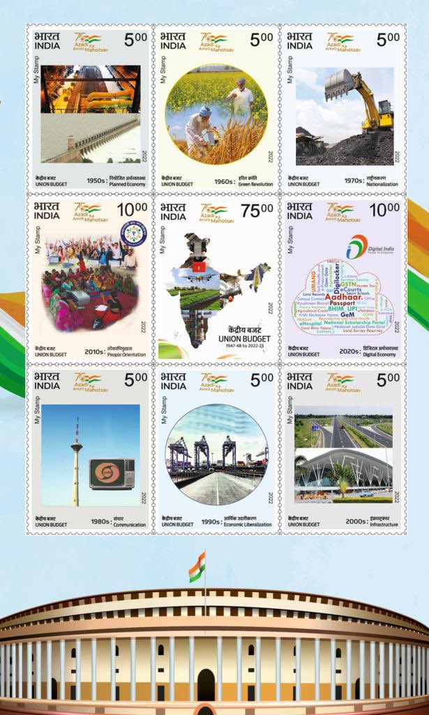 FinMinIndia's tweet photo. Budget Division's highlights were:
▶️ album of customized My Stamp
▶️ a Special Cover
▶️ a Brochure highlighting Union Budget’s contribution to Indian Economy over past 75 years
▶️ a short film on evolution of Union Budgets
#AmritMahotsav #FinMinIconicWeek #MCAIconicWeek
(2/2) https://t.co/7PqJiosnDa