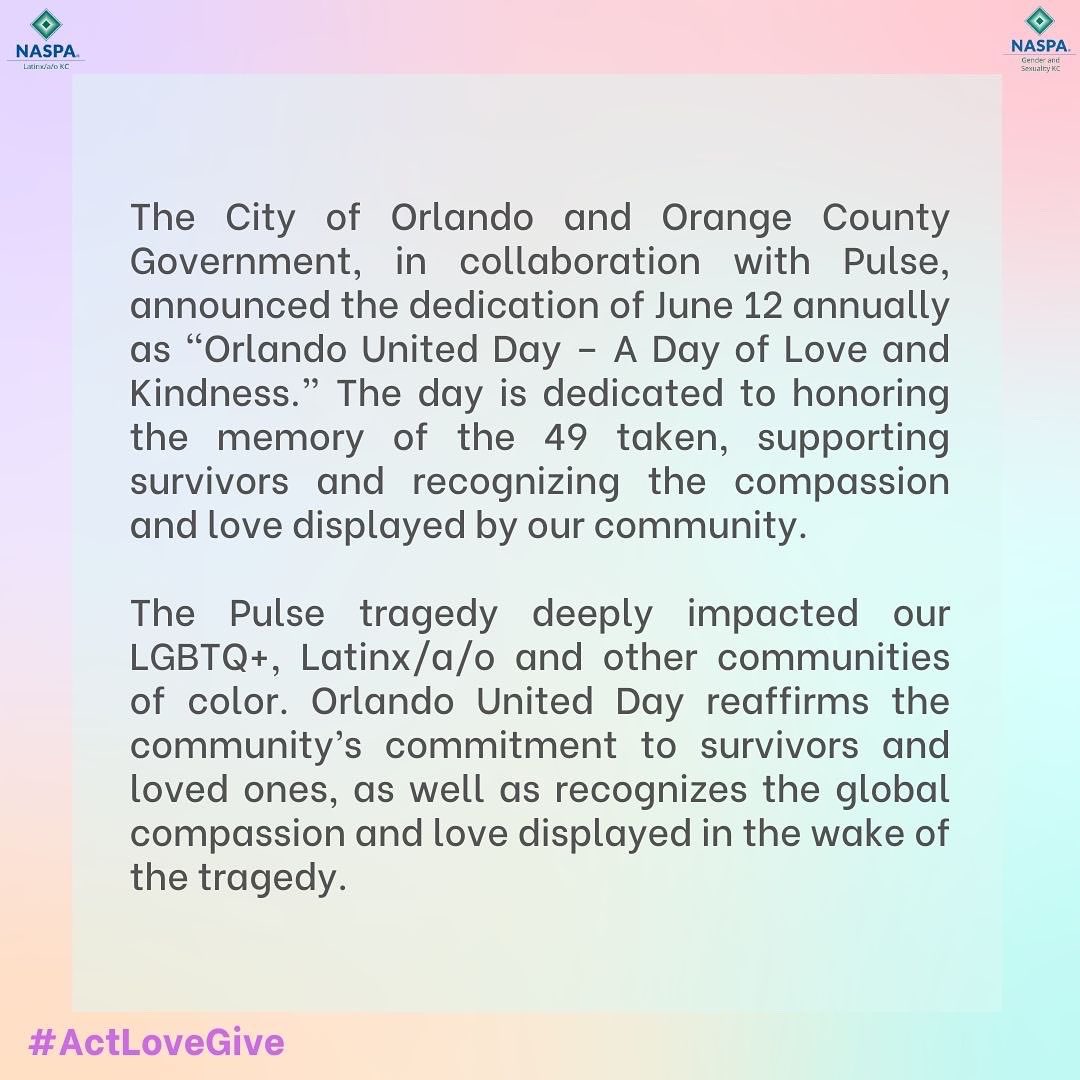 tweetinglavoz's tweet photo. Stand united with Orlando, honor the victims, survivors, and families, and display love in your own community with any of the following actions presented #OrlandoUnited #PulseRememberance #NaspaLKC #pride #actlovegive (1/2) https://t.co/DOuF6TGLab