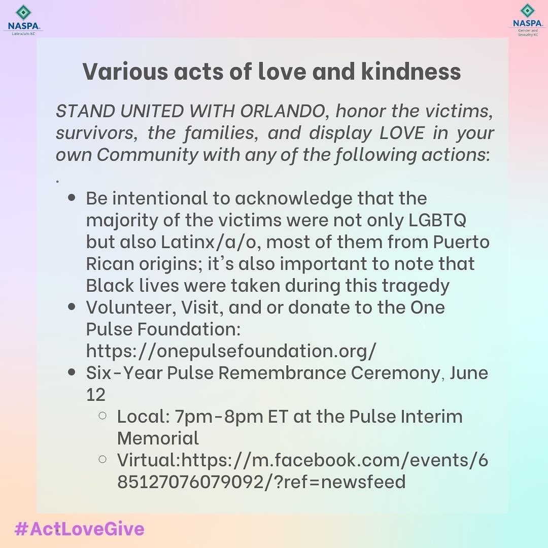 tweetinglavoz's tweet photo. Stand united with Orlando, honor the victims, survivors, and families, and display love in your own community with any of the following actions presented #OrlandoUnited #PulseRememberance #NaspaLKC #pride #actlovegive (1/2) https://t.co/DOuF6TGLab