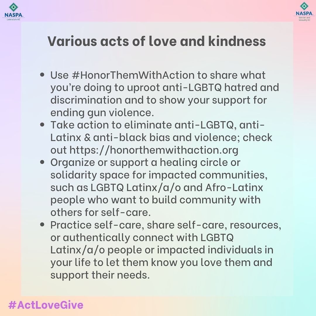 tweetinglavoz's tweet photo. Stand united with Orlando, honor the victims, survivors, and families, and display love in your own community with any of the following actions presented #OrlandoUnited #PulseRememberance #NaspaLKC #pride #actlovegive (1/2) https://t.co/DOuF6TGLab