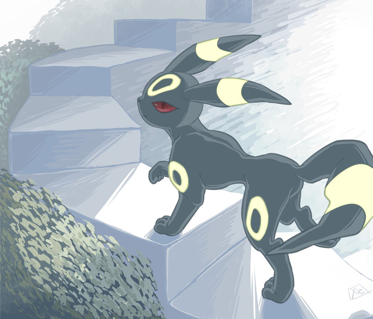 umbreon no humans solo pokemon (creature) red eyes closed mouth full body stairs  illustration images