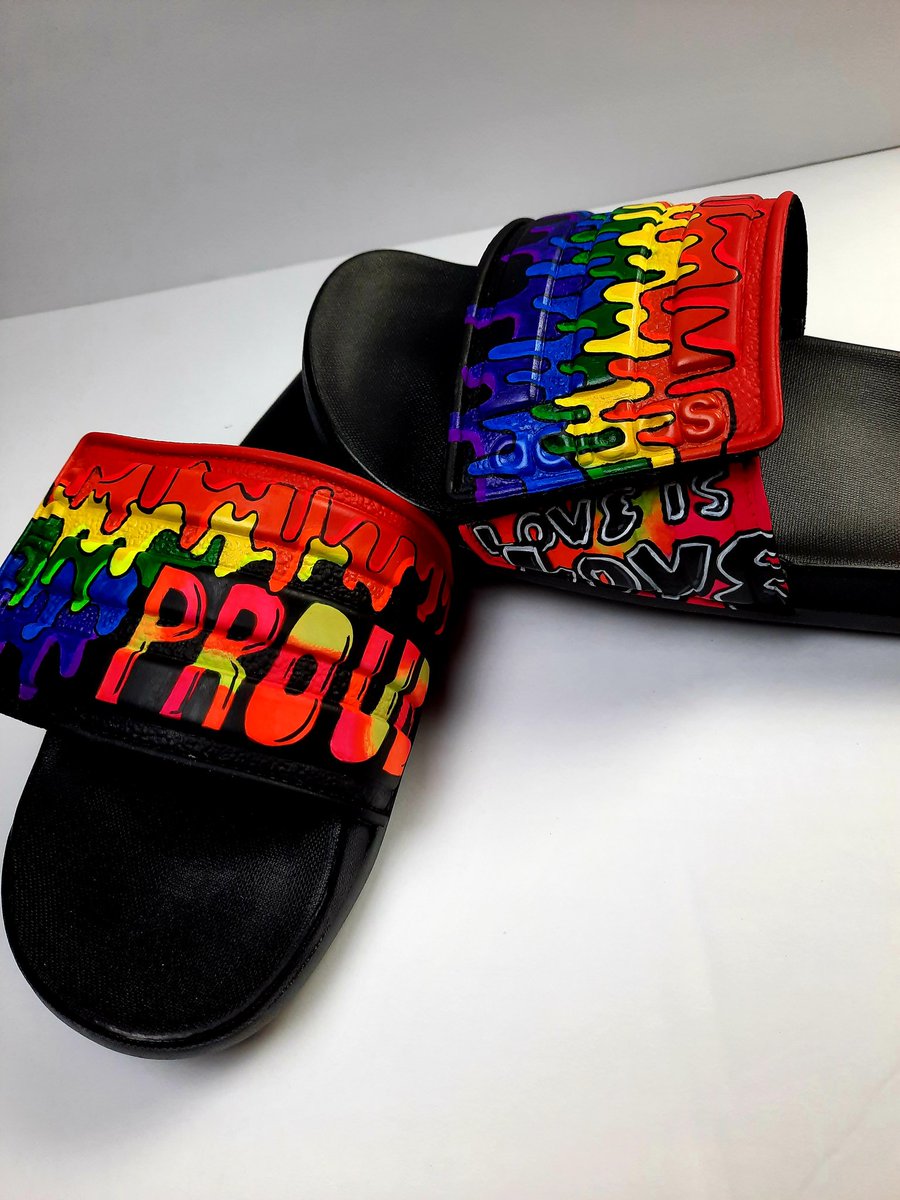 Custom PRIDE Slides. Now available on my website. #artwork #create #PrideParade #femalesneakerartist #slides #customslides #prideslides #Artist #handpainted #PROUD #loveislove #🏳️‍🌈 #support #beautiful