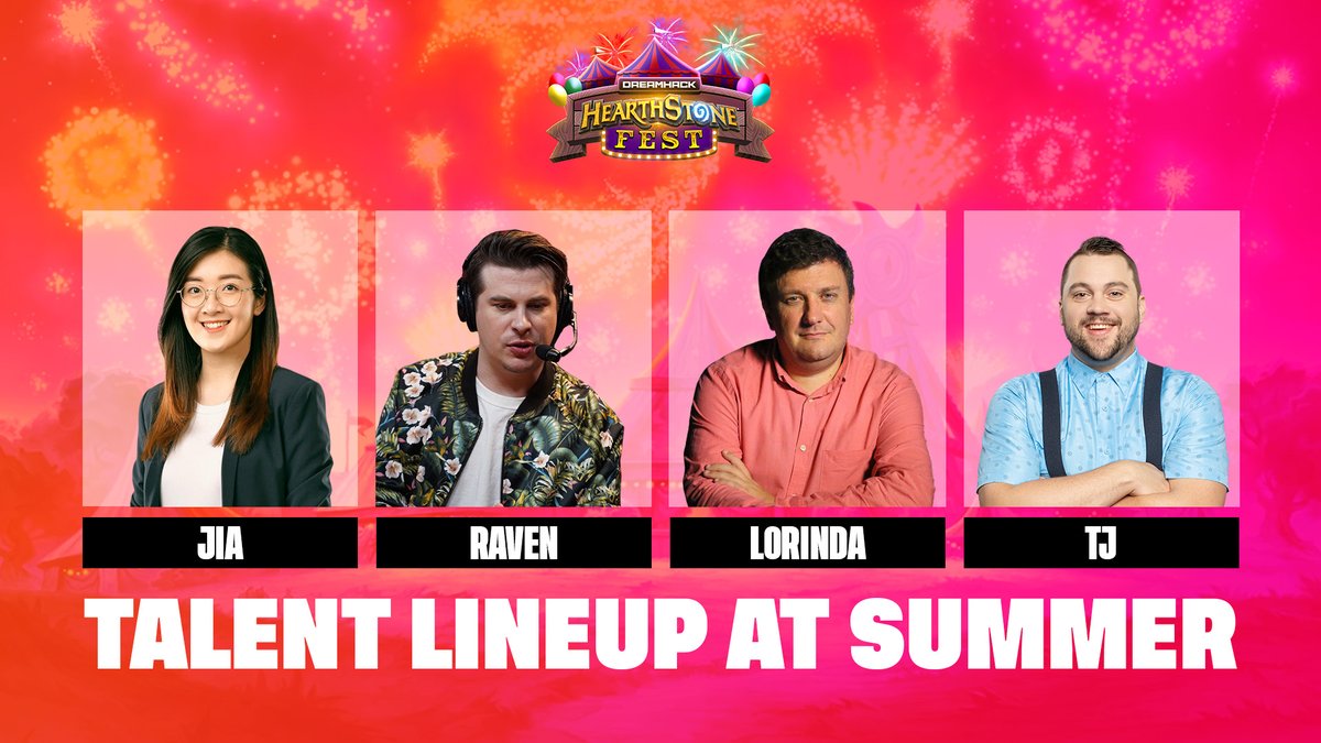 We're so excited about Hearthstone Fest next week, it's like a festival within a festival! 🥳 

... and to present the festivities:
🎙️ • <a href="/jiadee_/">Jia</a> • <a href="/RavenCasts/">Raven</a> • <a href="/LorindaGames/">Lorinda</a> • <a href="/Azumoqt/">TJ Sanders</a> 

#DHSummer #Hearthstone | 🎪 dreamhack.com/summer/hearths…