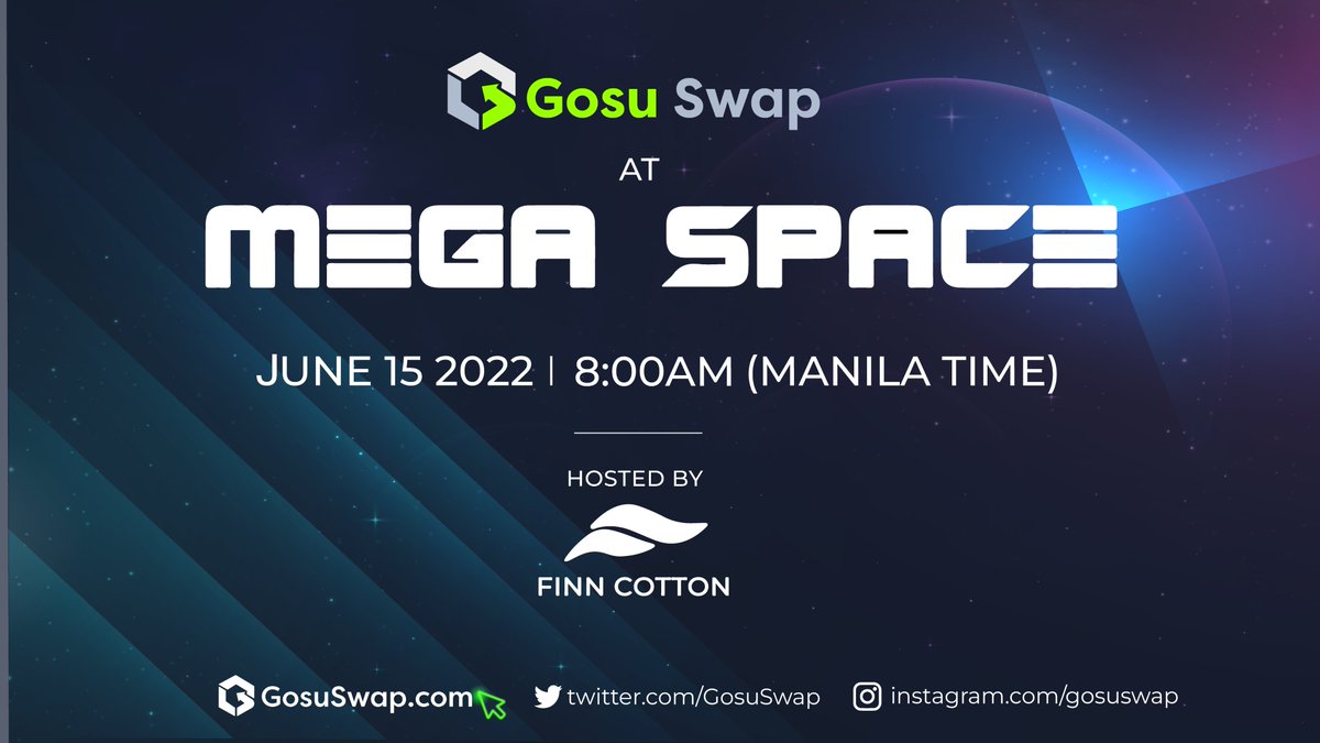GosuSwap's tweet photo. Good News!! 🙌

Gosu Swap will be at the Mega Space hosted by 
@FinnCottonNFT 

Catch us on 🗓 June 15 ⏰ ~ 8:00am Manila time🔽

Twitter Space reminder below!
https://t.co/QJPCaYxE1x

NFTs will be given away!
1⃣FOLLOW  @FinnCottonNFT @GosuSwap
2⃣LIKE &amp; RETWEET 
3⃣ TAG 3 FRIENDS https://t.co/39gH7SzEMH