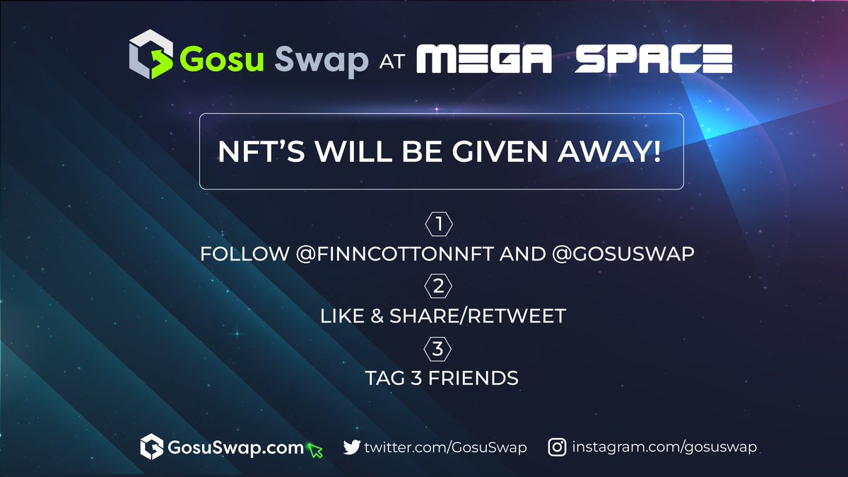 GosuSwap's tweet photo. Good News!! 🙌

Gosu Swap will be at the Mega Space hosted by 
@FinnCottonNFT 

Catch us on 🗓 June 15 ⏰ ~ 8:00am Manila time🔽

Twitter Space reminder below!
https://t.co/QJPCaYxE1x

NFTs will be given away!
1⃣FOLLOW  @FinnCottonNFT @GosuSwap
2⃣LIKE &amp; RETWEET 
3⃣ TAG 3 FRIENDS https://t.co/39gH7SzEMH