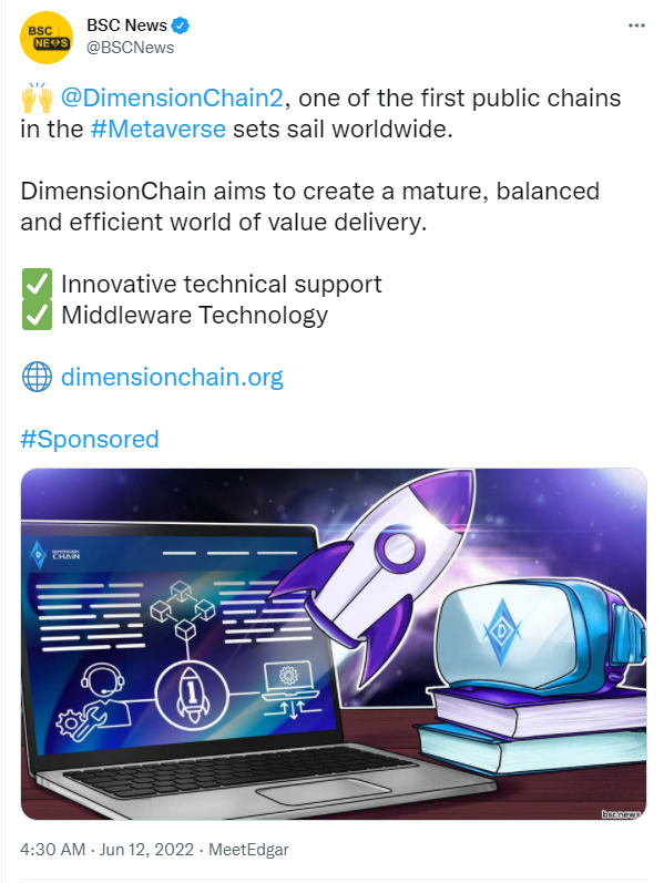 Dimension_lab's tweet photo. Thanks to @BSCNews  @bsc_daily @AVAXDaily @solana_daily  for recommending the coverage of #DimensionChain🚀🚀, which has been released on the test network and #DSCC1 has been officially circulated on the test network👏👏 https://t.co/eepfTATrLV