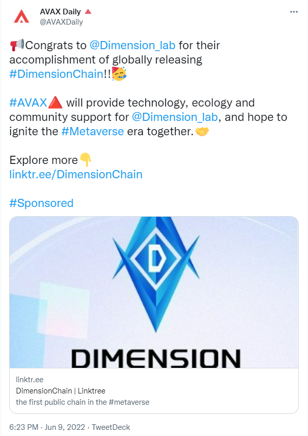 Dimension_lab's tweet photo. Thanks to @BSCNews  @bsc_daily @AVAXDaily @solana_daily  for recommending the coverage of #DimensionChain🚀🚀, which has been released on the test network and #DSCC1 has been officially circulated on the test network👏👏 https://t.co/eepfTATrLV