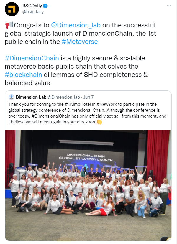 Dimension_lab's tweet photo. Thanks to @BSCNews  @bsc_daily @AVAXDaily @solana_daily  for recommending the coverage of #DimensionChain🚀🚀, which has been released on the test network and #DSCC1 has been officially circulated on the test network👏👏 https://t.co/eepfTATrLV