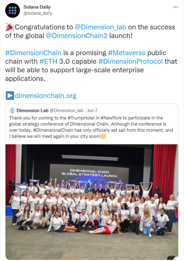 Dimension_lab's tweet photo. Thanks to @BSCNews  @bsc_daily @AVAXDaily @solana_daily  for recommending the coverage of #DimensionChain🚀🚀, which has been released on the test network and #DSCC1 has been officially circulated on the test network👏👏 https://t.co/eepfTATrLV
