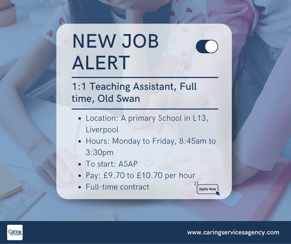 Caringservices1's tweet photo. 🚨 NEW JOB ALERT🚨

We are looking to recruit a long term, full time 1:1 #LearningSupport in a School in #Liverpool. Working with a Year 2 student with #SEN.
➡️ Supporting a child with EAL and low ability who has some medical needs.

For more information ➡️https://t.co/uDr0TSbwpu https://t.co/q07gLmf9w3
