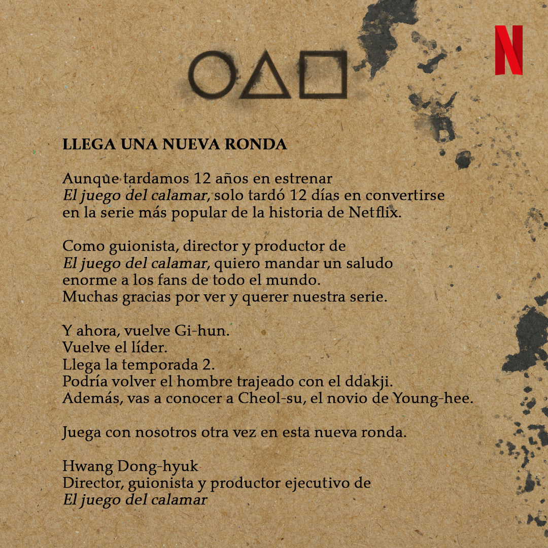 OFICIAL: Se anuncia SQUID GAME 2 (El juego del calamar)

"Llega la temporada 2." #SquidGame #Netflix
