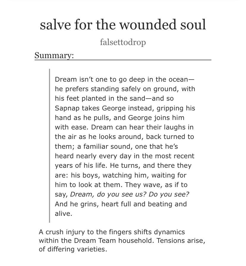 kithmet's tweet photo. “salve for the wounded soul”
　　↳ part four (of six)

dnf | ongoing, 45.2K | explicit
• hurt/comfort, romance, angst
• injury recovery, caretaking, friendship dynamics, arguments, forgiveness
• friends to lovers, happy ending
• updated the tags!

🔗 https://t.co/u52eR9COYv https://t.co/vnXpqprosQ