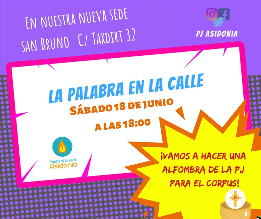 ¿Y si preparamos una alfombra para el CORPUS y llevamos la Palabra de Dios a la calle? Tienes una cita, si quieres , el SÁBADO 18 de JUNIO en nuestra nueva sede, SAN BRUNO ( C/Taxdirt 32) a las 18:00
+info e inscripción en el perfil forms.gle/fiHvTN6etwdBtE…
#LaPalabraenelCorpus