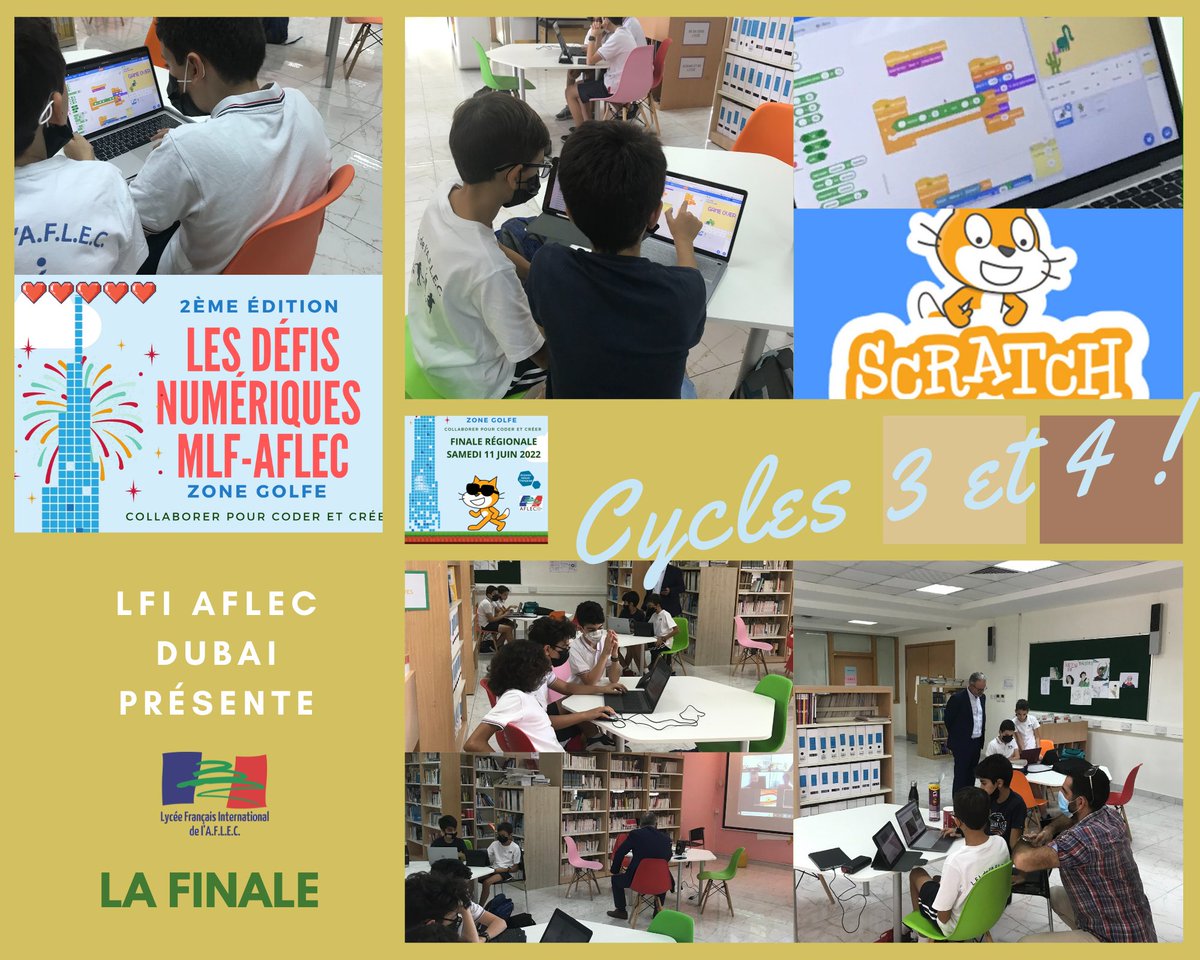 MMalifarges's tweet photo. Finale des #défisnumériques  en multiplex @LfiDubai 🌴 @EFIDjeddah @LfaProviseur @LtmUae Des équipes de cycles 3 et 4 s'affrontent... créativité, coding, travail d'équipe, les talents de développeurs sont au rendez-vous! 💻 ⬇️ @scratch @ReseauAFLEC @mlfmonde https://t.co/G8sWiVDDGM